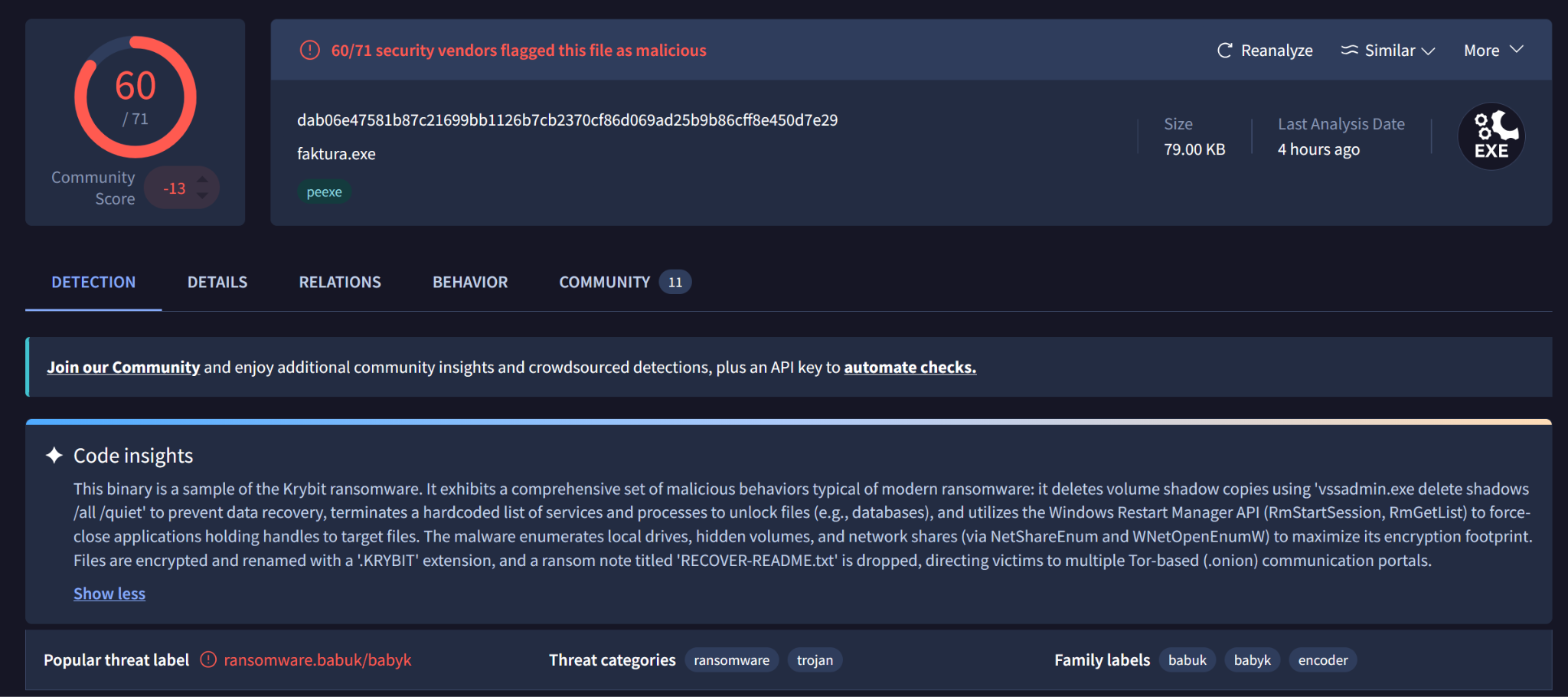 Figure 1. VirusTotal results of the sample
