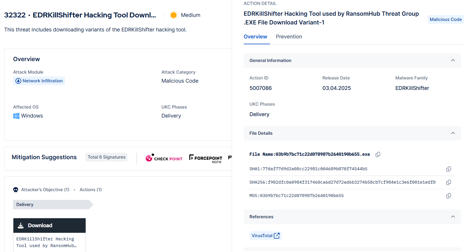Threat for the EDRKillShifter tool in Picus Threat Library