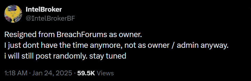 IntelBroker Announcing Resign (Source: X [4])