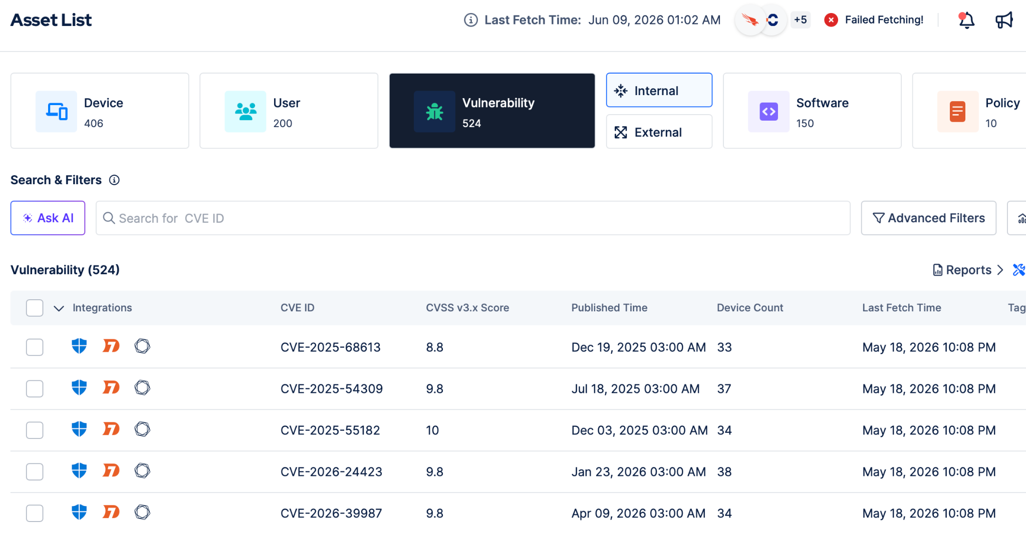 Vulnerability Asset List provided by Picus Platform integrations
