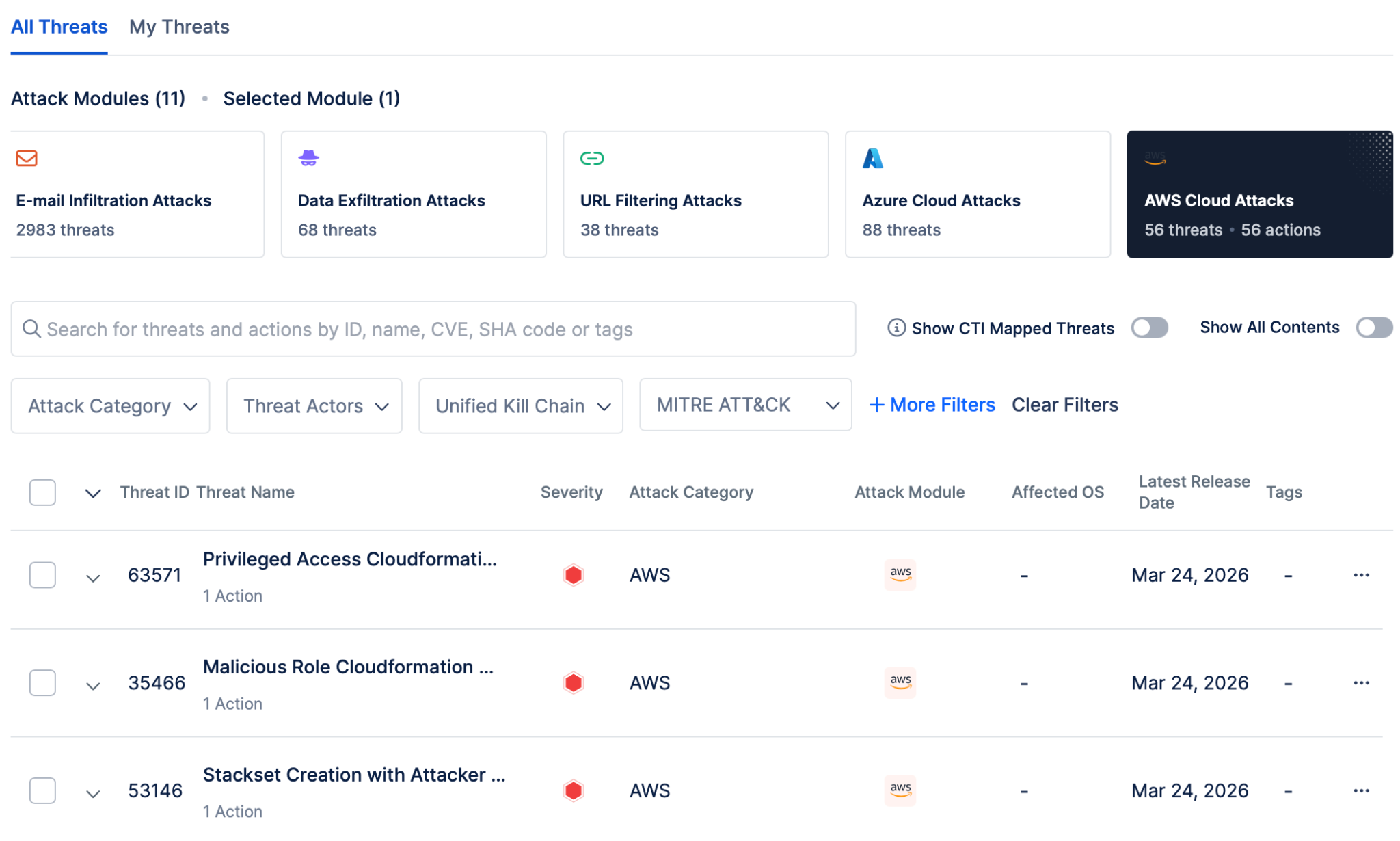 Picus Security Control Validation module contains cloud-based attacks for Azure, AWS, and GCP