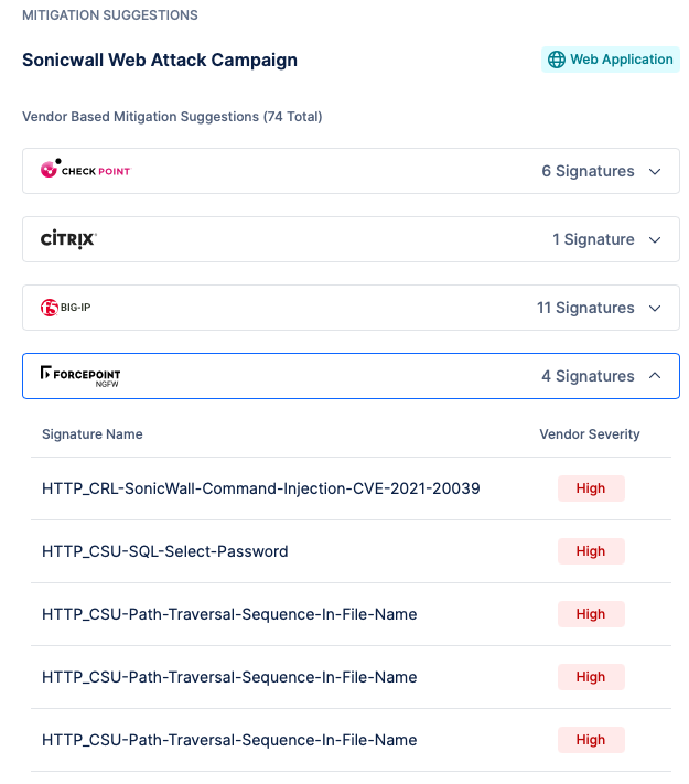 Picus Web Application Attacks Module, Vendor-based Mitigation