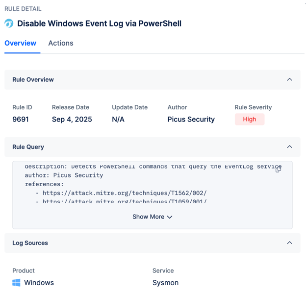 Figure 5. Sigma rule example showing how Picus Security Control Validation (SCV) detects the disabling of Windows Event Logs through PowerShell
