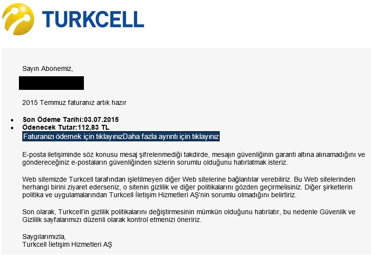 Fake Turkcell invoice email